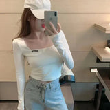 Fongt Square Collar Embroidered Long-Sleeved T-Shirt Women's Fall 2024 Versatile Slim Short Crop Bottom Shirt Slim
