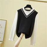 Women Knitted Sweater Female Ruffle Collar Long Sleeve Preppy Style Fake Two Piece Pullovers Slim Fitting Splicing Jumper