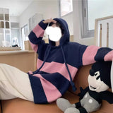 Wind Hooded Striped Sweater Women's 2024 Spring And Autumn New Large Size Thin Loose Age Korean Knitted Blouse-Outfit