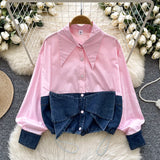 Fongt Dress Korean Fashion Design With Bow Denim Spliced Long-Sleeved Shirt Women Loose Shirt Top