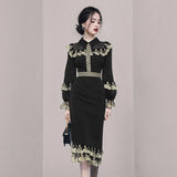 Runway Luxury Mesh Lace Embroidered Dress 2021 Autumn Women Flare Long Sleeve Flower Vintage Ruffles Korea Party