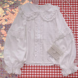 Shirt White Elegant Women Preppy Style Blouses Cute Peter Pan Collar Lace Ruffle JK Shirts Girls Long Sleeve Blusas Mujer-Outfit