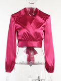 Satin Shirts Office Lady Lantern Sleeve Turn-down Collar Fall Bow Tie Women's Elegant Fashion Padded Shoulder Top