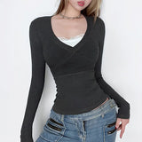Lace Splice Crossover Long Sleeve Knit Tee-Outfit