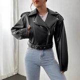 Fongt Women's ZA Autumn And Winter New Slad Zipper Belt Collar Leather PU Jacket