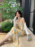 Fongt Xixi 13 Line 2025 Summer New Temperament Printing Lady Elegant High-Waist Sling Dress 88376