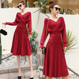 2 Pieces Set Knitted Pullover Sweater Luxury Shinning Jumper Tops And Fashion Elastic Waist Pleats Skirt