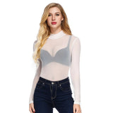 Fongt Elastic Tight Perspective Sexy Mesh Bottom Shirt Transparent Long Sleeve T-Shirt Women's Lace