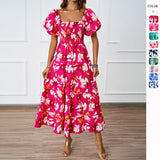 Fongt New Temperament Collar Print Pony Dress Bubble Sleeve Dress Woman