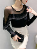 Autumn Ringstones Ruffles Long Sleeve Mesh T-shirt Tee New Female Round Collar Sheath Tops T-shirts for women-Outfit
