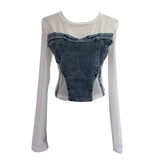 Spice Girls Design Sense Net纱 Stitched With Denim Blouse Long-Sleeved Bottom Shirts To Dress Short Niche T-Shirt