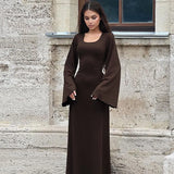Fongt Women's New Autumn New Fashion Loose U-Neck Back With Long-Sleeved Dress-Outfit