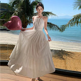 Fongt Yunnan Seaside Vacation Lace Lace Hanging Neck Show Back Tie Dress-Outfit