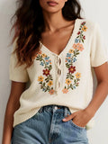 Fongt Vintage Flower Embroidered Knitted Sweater Loose Little Fresh Knitted Shirt