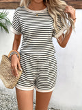 Fongt Women's 2025 Summer New Fashion Striped Short Sleeves Suit Sports Shorts Set