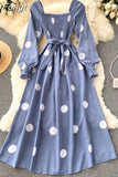 Women Polka Dot Dress Spring Autumn Vintage Square Collar Lantern Long Sleeve Casual Long Dresses Ladies High Waist