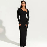 Fongt Women's Long Sleeve Oblique Collar Temperament Repair Behind The Fork Long Dress
