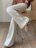 Split Button Wide Leg Pants Straight Casual High Waist Pants Keep Warm In Autumn Solid Loose Wool Cosy Woman
