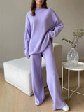 Women Knitted Suit Warm Solid Split Pullovers and Wide Pants Two-piece Suit Female Half Turtleneck Oversize Tracksuit-Outfit