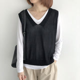 Fongt Spring 2024 V-Neck Sleeveless Loose Vest New Literary Knit Vest Pure Color Wisp Empty Women Fold Wear Jacket-Outfit