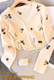 Spring Autumn White Sweet Pink Flower Embroidery Women Cute Knitted Cardigan V-neck Tops Chic Single-breasted