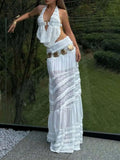 Fongt Style Lace Mesh Splicing Sleeveless Suit Dress Niche Design High-End Hanging Neck Splicing Skirt Women's Clothing