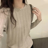 Grey Round Collar Long Sleeve Waffle Knitted Blouse Girls Wear New Lazy Niche Sweaters In Autumn And