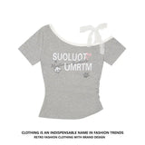 Fongt Oblique Shoulder Lace Sling Short-Sleeved Woman Design Small Sweet Short T-Shirt Girl Irregular Top