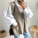 2022 New Sleeveless Vest Knitting Pockets Oversize Wild Split Autumn Winter Women Sweaters Pullover Knitwear