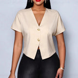 Fongt Solid Color V-Neck Metal Button Asymmetrical Sleeve Shirt
