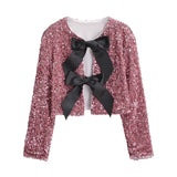 Winter New Women's Wear Temperament Light Ripe Sequins Bow Knot Short Style Coat-Outfit