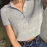 Fongt Collar Top Women's Short Sleeve Knit Shirt Short Summer White Lapel Striped Niche Slim