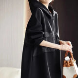 Solid Color Straight Dresses Female Clothing Casual Hooded Spring Autumn Basic Stylish Patchwork Drawstring Midi Dress-Outfit