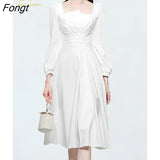 Han Queen Autumn Vintage Vestidos Lantern Sleeve White Office Dress Simple Series A-Line Party Casual Dresses Female