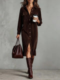 Fongt Women's Elegant Workwear Style Pocket Button Velvet Shirt Dress Dress