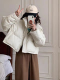 PU Leather Short White Duck Down Down Jacket Female 2024 Winter New Fashion Standing Collar Wash Loose Small Coat-Outfit