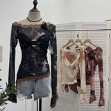 Fongt Shooting Lace Splicing Oblique Shoulder Thin Tie-Dye Mesh T-Shirt Girl T-Shirt T-Shirt Shawl T-Shirt 9986