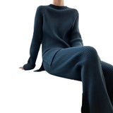 Fongt And Winter Solid Color Round Collar Open Fork Sweater Set Women's Loose Knitting Tops Broad Leg Pants Two Sets