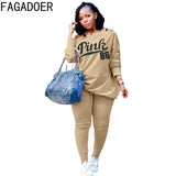 Off Shoulder Button Design Two Piece Sets Women PINK Letter Print Top+Stacked Pants Tracksuits Spring Casual Outfit