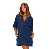 Fongt New Soft Denim Lapel Short Sleeve Loose Denim Dress-3223-Outfit