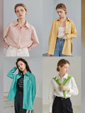 Polo Collar Full Drop Sleeve Casual Loose Straight Shirts Office Lady Pocket Design Cotton Solid Spring