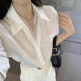 Fongt Spring And Summer New Shirt Women's Long-Sleeved Lace Splicing Design Sense Of Simple Commuting Thin Top