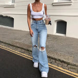 Broken Hole Slim Horn Jeans Woman-Outfit