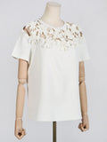 Fongt Summer New Fashion Round Collar Embroidery Flower Splicing Design Sense Versatile Hollow Short-Sleeved T Shirt Jacket Female-Outfit