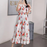 Fongt 2025 New French Holiday Collar Shoulder Short Sleeves To Show Thin Flowers Long Orange Truss Dress