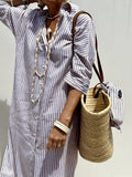 Fongt Explosion Autumn Five-Sleeve Striped Sides On Both Sides Of The Fork Shirt Dress Woman
