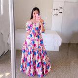 Fongt New Spring And Summer Women's Dress A Word Broken Shoulder Long Printed Fairy