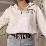 Preppy Style Letter Print Zip Up POLO Collar Sweatshirt Women White Vintage Warm Fleece Winter Pullovers 2023 Design