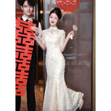 New Chinese Cheongsam Toasting Bride 2025 New Engagement Dress Fishtail Skirt High-End Wedding Day