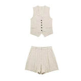 Fongt Women's 2025 Spring New Fashioned Colored Flax-Blend Vest + Shorts Set